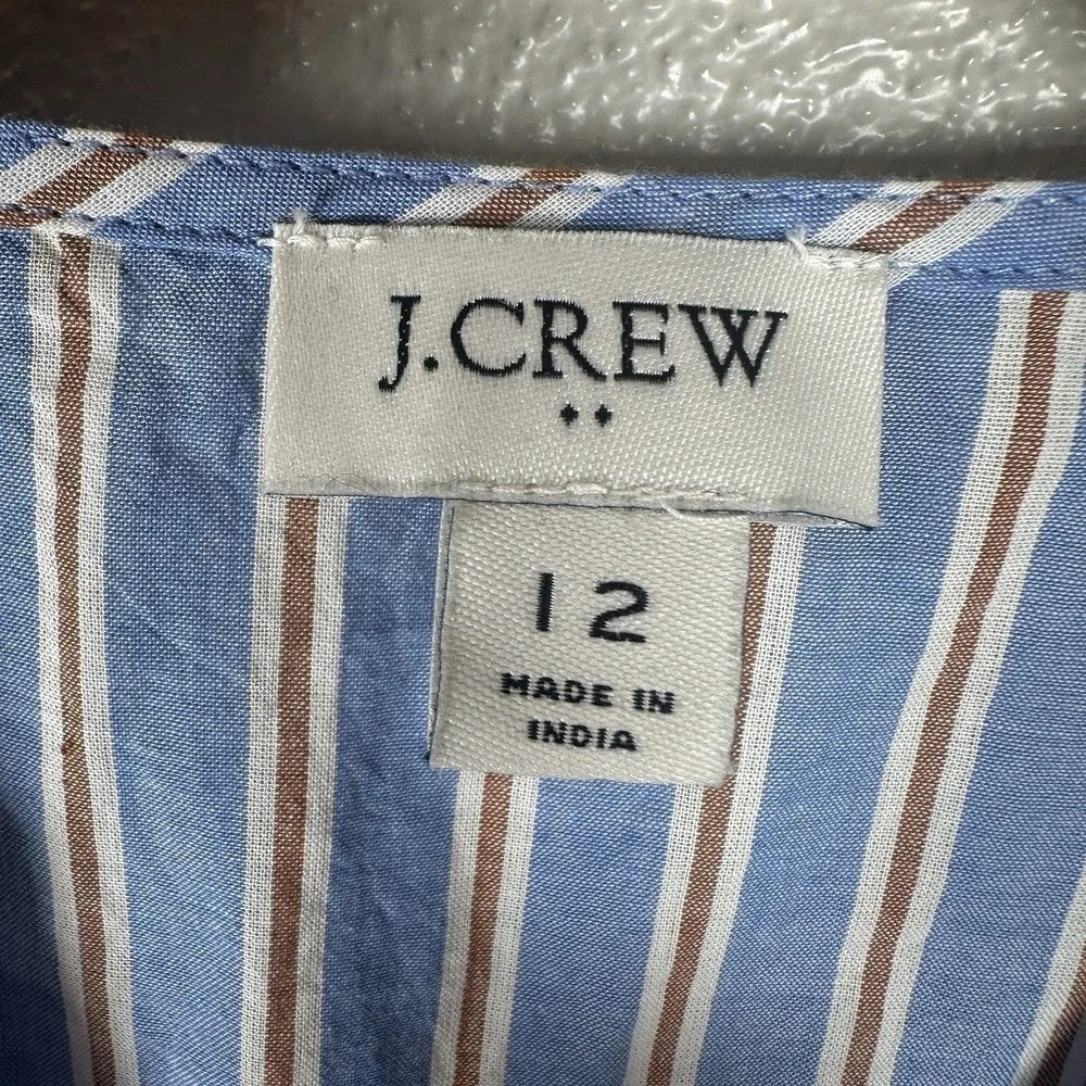 J Crew Ruffle-Sleeve Tiered Midi Dress Size 12 Blue Beige Striped Cotton Pockets - Picture 7 of 9